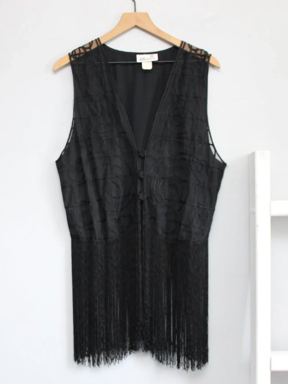 Sam's Fashion Vintage 90s Sheer Swirl Embroidery Fringe Hem Vest Size Large - Picture 1 of 6